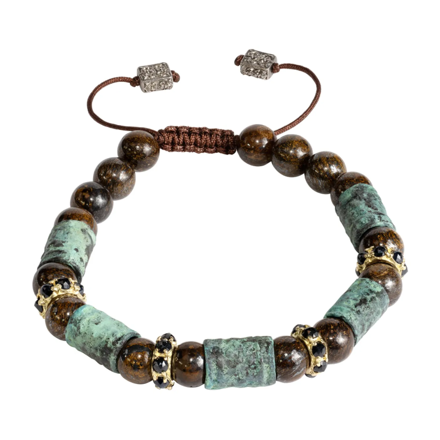 ARTIFACT BEADED PULL BRACELET WITH BRONZITE AND TEAL PATINA