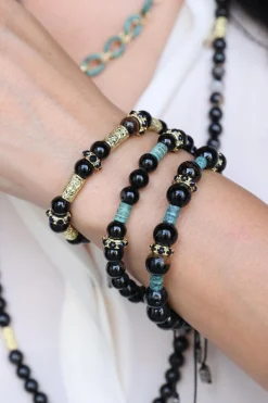 ARTIFACT BEADED PULL BRACELET WITH BLACK TOURMALINE AND GOLD STATIONS