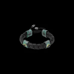 ARTIFACT BLACK LEATHER BRACELET WITH GOLD CRIVELLI AND  TEAL PATINA DETAILS
