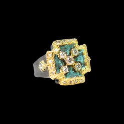 ARTIFACT TEAL PATINA GOLD AND DIAMONDS CROSS SIGNET RING