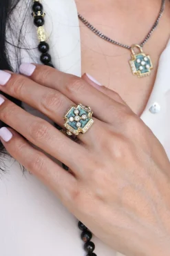 ARTIFACT TEAL PATINA GOLD AND DIAMONDS CROSS SIGNET RING