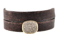 BROWN DOUBLE WRAP PAVE MEDALLION LEATHER BRACELET