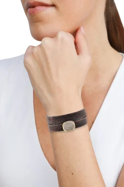 BROWN DOUBLE WRAP PAVE MEDALLION LEATHER BRACELET