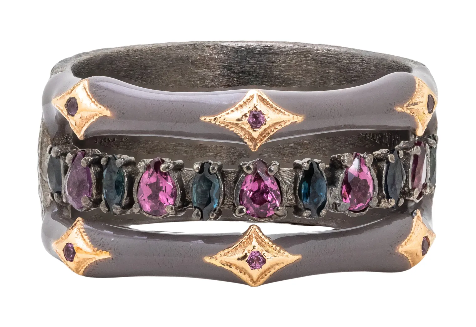 DOUBLE CRIVELLI ENAMEL WITH SAPPHIRE AND PURPLE GARNET RING