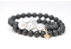 DOUBLE WRAP BEADED BRACELET WITH GOLD CRIVELLI BLACK ONYX 3 FRESH WATER PEARLS
