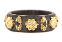 FLORAL AND SCROLL STATIONS WIDE BAND STACK RING