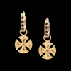 GOLD CROSS BLACK SAPPHIRE HUGGIE HOOP DROP EARRINGS