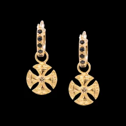 GOLD CROSS BLACK SAPPHIRE HUGGIE HOOP DROP EARRINGS