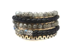 LEATHER AND LABRADORITE GREY BEADED BRACELET