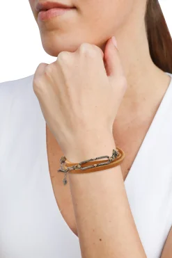 PAVE PAPERCLIP TRIPLE BROWN LEATHER WRAP BRACELET