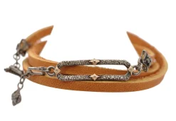 PAVE PAPERCLIP TRIPLE BROWN LEATHER WRAP BRACELET