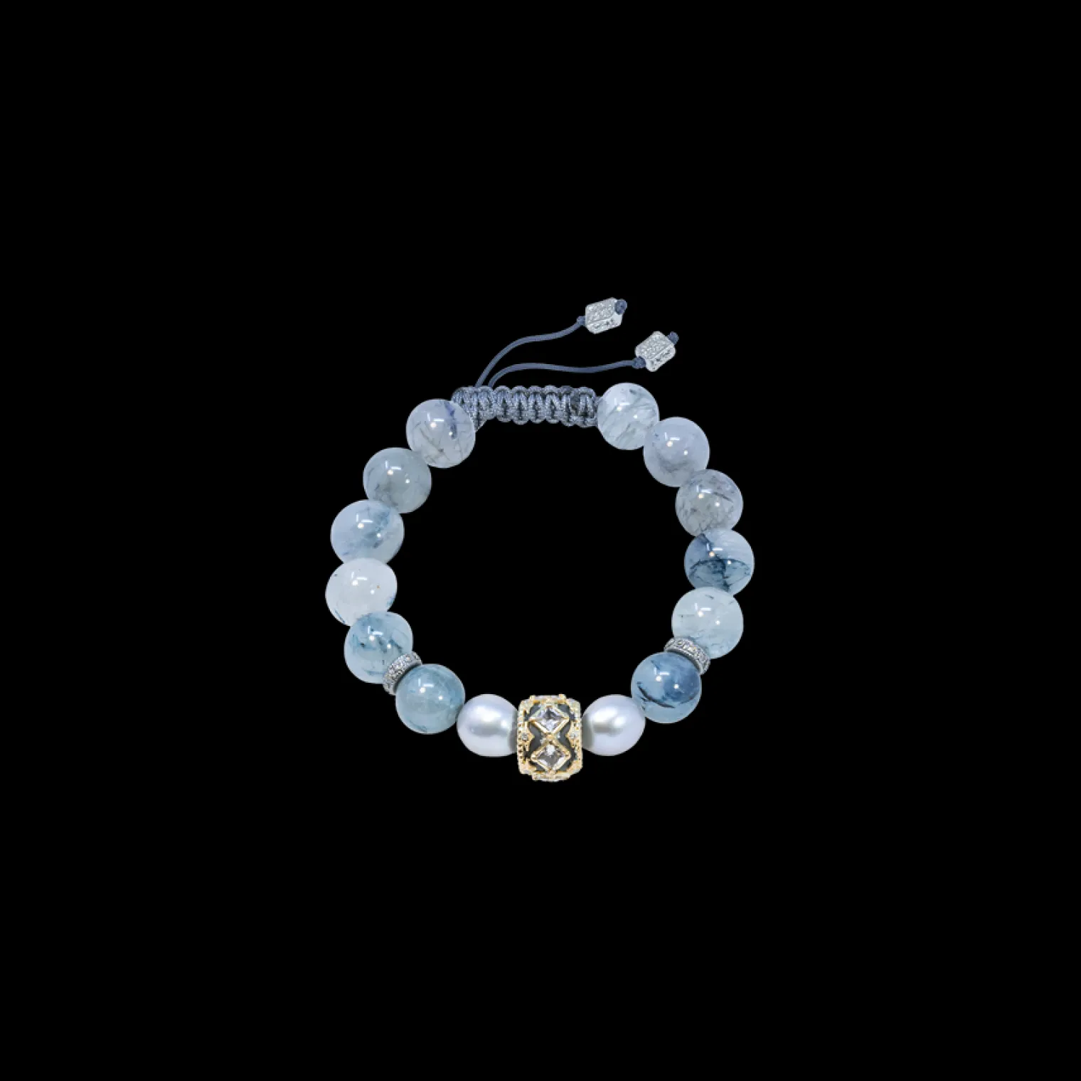 PEARL SILVER AND BLUE RUTILATED BEADED PULL BRACELET