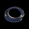 TRIPLE WRAP BEADED BRACELET WITH  BLUE LAPIS AND BLACK LEATHER
