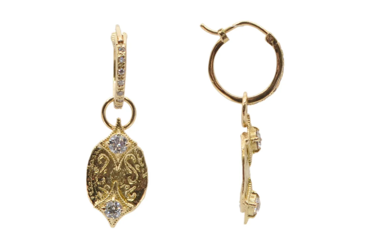 YELLOW GOLD ARTIFACT HUGGIE HOOP DROP EARRINGS