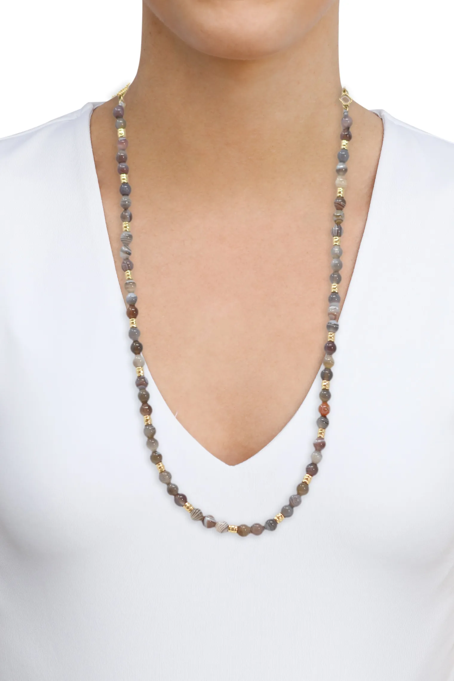Yellow Gold Botswana Agate Beaded Necklace